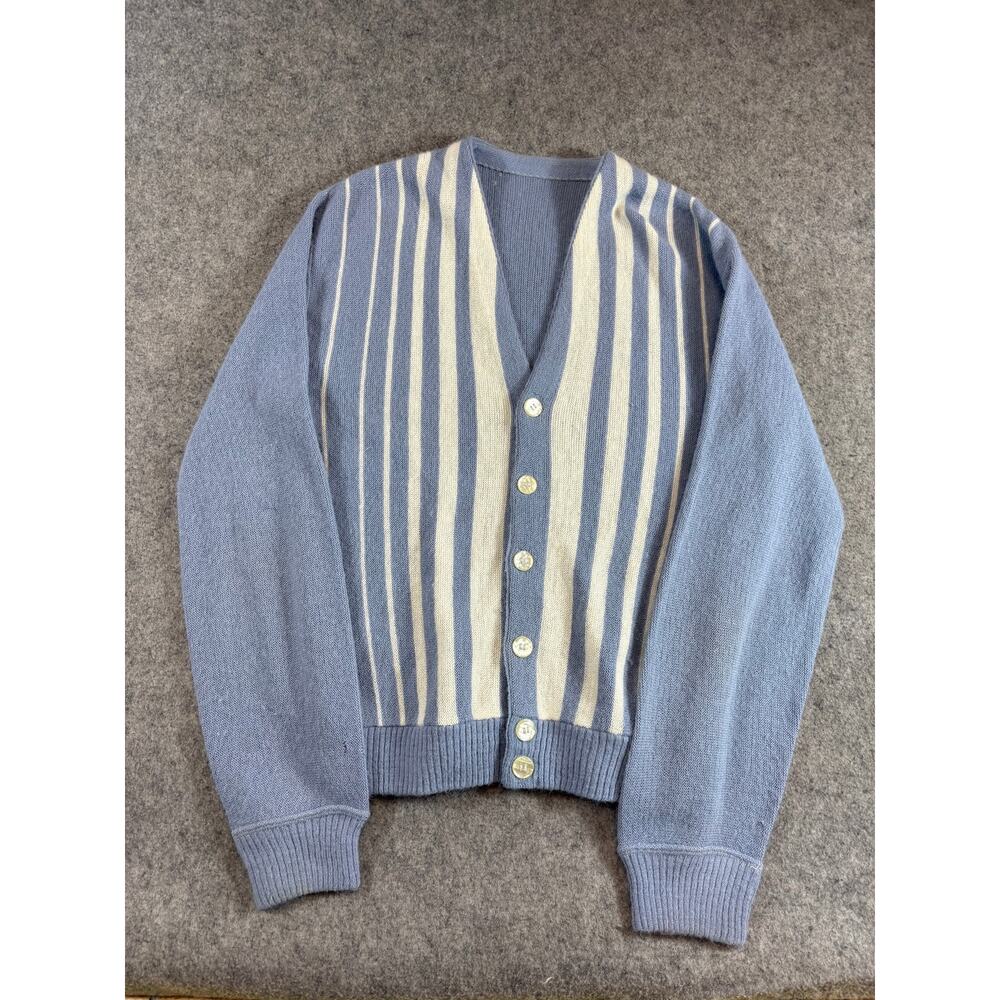 Vintage 60s Sweater Mens Large Blue White Striped Knit Cardigan Minimalist